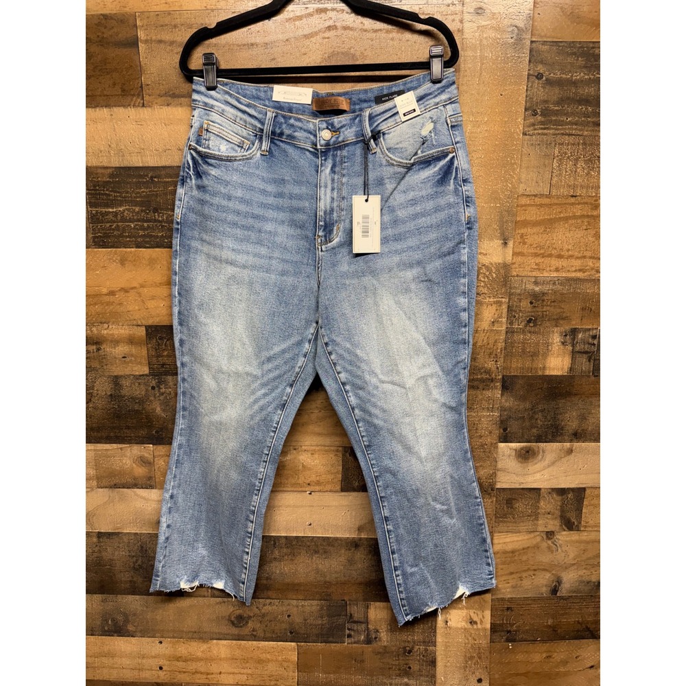 Judy Blue Mid Rise Medium Wash Distressed Hem Kick Flare Jeans JB88979 14W - Picture 1 of 10